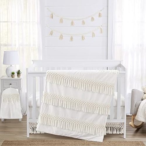 Sweet Jojo Designs Ivory Gender Neutral Bohemian Boho Baby Girl Boy Nursery Crib Bedding Set Solid Color Beige Cream Off White Chic Unisex Farmhouse Minimalist Macrame Trim Tassel Fringe Cotton - 4pc