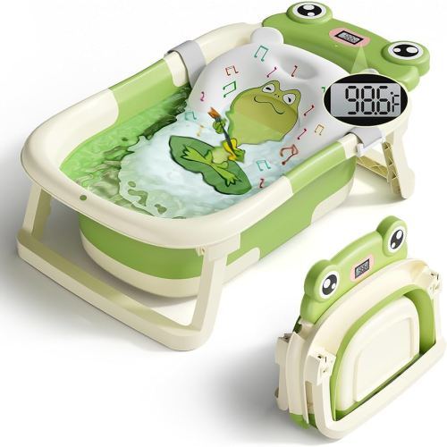 Baby Bathtub, Collapsible Newborn Bathtub for Infant to Toddler 0-24 Months with Soft Cushion and Thermometer,Portable Travel Newborn Tub with No-Slip Feet, Baby Shower Gifts,Green
