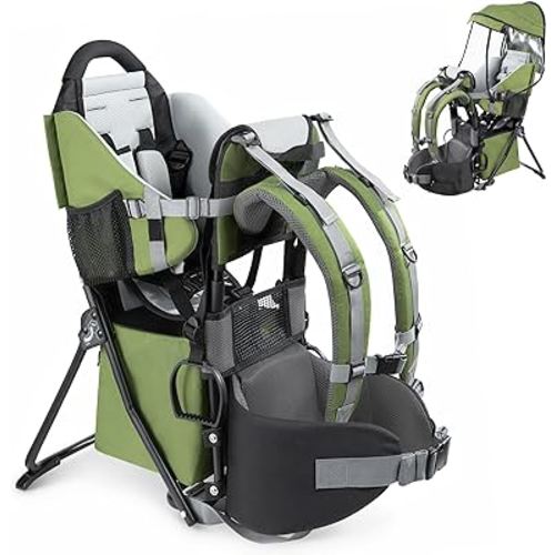 besrey Baby Backpack Carrier, Toddler Hiking Backpack with Safety 3-Height Seat, Adjustable Straps&Waist Belt, Foldable Frame Lightweight Large Capacity Child Carrier for Hiking Army Green