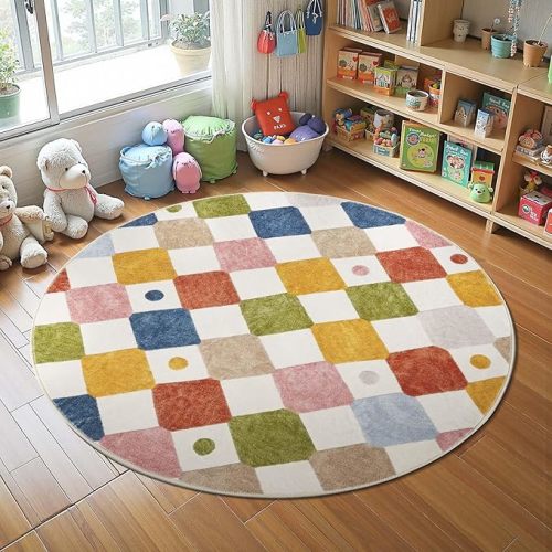 jinchan Round Rug 5ft Kids Washable Rug Colorful Trellis Indoor Floor Cover Non Slip Soft Modern Living Room Diamond Carpet for Nursery Room Bedroom Playroom Circus on Cream