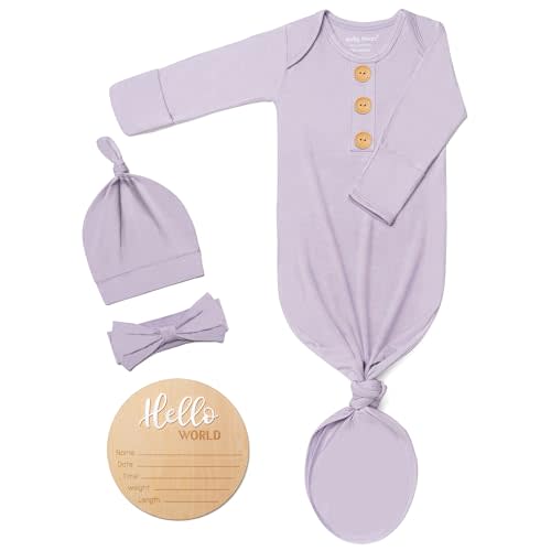 Soft Baby Knot Gown 0-3 Months, Newborn Announcement Sleepers With Mitten Cuffs and Personalized Wooden Name Tag