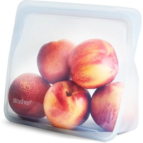 Stasher Silicone Reusable Storage Bag, Stand-Up Mid, Reusable Freezer Bag, Microwave, Dishwasher, Oven Safe, Sous Vide, Premium Lunch Container, Eco Friendly, Food Storage Bags, 56 oz, Clear