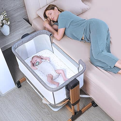 Ezebaby 3-in-1 Baby Bassinet, Rocking Baby Bassinets Bedside Sleeper, Adjustable Portable Crib for Newborn Infant with Wheels Storage Basket and Mesh Sides