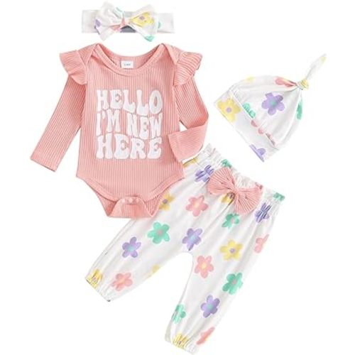 Madjtlqy Newborn Baby Girl Fall Winter Clothes Long Sleeve Ribbed Romper Top Bow Pants Headband Hat Set Coming Home Outfits