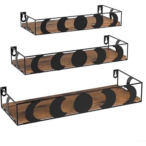 PHAREGE Black and Brown Moon Phase Floating Wall Shelves Set of 3 Small Shelves
