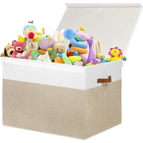 Large Toy Storage Box with Lid, Sturdy Toys Storage Chest Bin Organizer Basket with Dividers for Kids, Boys, Girls, Nursery, Closet, Bedroom, Playroom 26\"x17\" x17\" (Beige and White) - Extra Large Beige