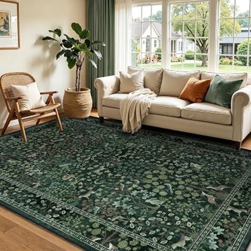 Dark Green Woodland Area Rug 6x9, Tree of Life Floral Animal Print Washable Rug for Living Room Bedroom, Farmhouse Non Slip Dining Room Rugs for Under Table, Carpet for Playroom Home Office