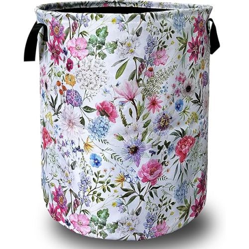 Watercolor Flower Floral Laundry Basket Foldable With Handles Tote Bag Oxford Cloth Colorful Laundry Hamper Clothes Storage Bucket Toy Organizer 18.9" x 16.5" For Bathroom/Laundry/Bedroom