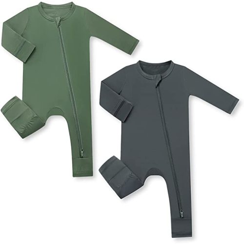 HAPIU Unisex Bamboo Baby Rompers with Cuffs, 2 Way Zipper YKK, Footless Pajamas Jumpsuit - Dark Forest Green & Dark Grey - Newborn
