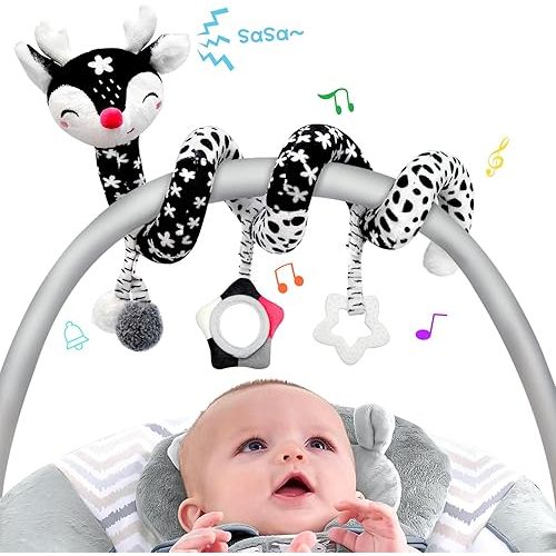 Car Seat Toys for Babies 0-6 Months, Baby Carseat Toys Hanging Black and White High Contrast Toy for Baby Spiral Activity Plush Toys, Stroller Toys for 0 3 6 9 12 Months Baby Ideal Gift