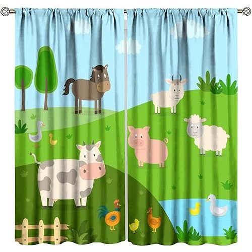 Farm Animal Blackout Curtains Cartoon Cow Chicken Pig Sheep Duck Grass Rustic Landscape Decor Rod Pocket Thermal Insulated Drapes for Kids Boys Girls Bedroom Living Room Nursery 42" W X 45" L