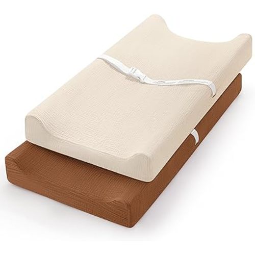 Pro Goleem Muslin Changing Pad Cover for Boys and Girls, Soft Breathable Fitted Cotton Diaper Changing Table Pad Sheets, Neutral, 2 Pack (Brown&Beige)