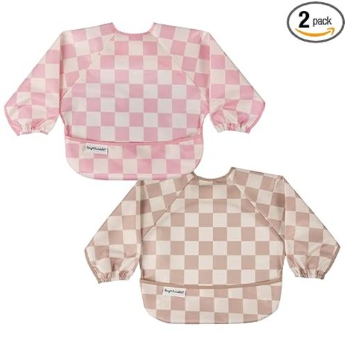 Tiny Twinkle Long Sleeve Bib for Babies & Toddlers | 2-Pack Waterproof Smock Bib for Eating | Machine Washable & Mess-Proof Feeding Essentials | Newborn Shower Gift (Pink,Beige Checkers, 6-24M)