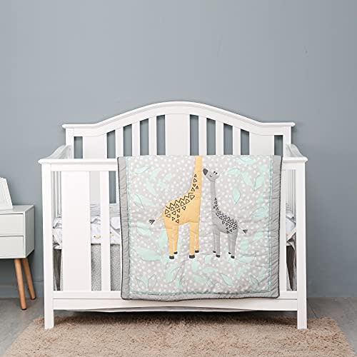 3 PCs Grey Giraffe Themed Nursery Crib Bedding Set Unisex Baby Giraffe Cot Bedding Set Quilt Skirt Fitted Sheet Baby Bedding Set