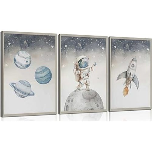 LQUXCSIQ 3Pcs Nursery Astronaut Wall Art Kid Space Adventure Canvas Prints Rocket Spaceman Pictures Wall Decor Explore Dream Galaxy Posters Painting for Boys child Bedroom Living Unframed
