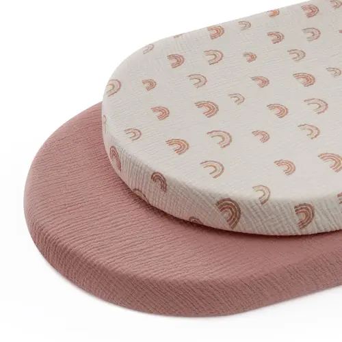 Blissful Diary Muslin Bassinet Sheets for Baby Girls Boys, Boho Soft Cotton Fitted for Oval Hourglass Rectangle Mattress, 2 Pack(Dusty Pink&Rainbow)