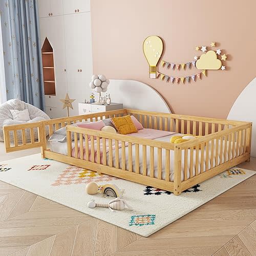 Bellemave Queen Size Montessori Floor Bed with Slats and Center Support Bar, Queen Size Floor Bed Frame with Door and Fence, Easy Assemble Montessori Beds, Natural
