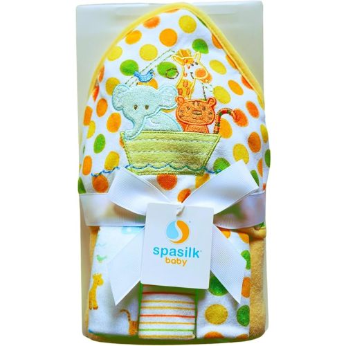 Spasilk Hooded Bath Towel and Washcloths Set for Newborns, 1 Soft Terry Baby Towel and 3 Baby Washcloths, Baby Essentials, Ideal, One Size, Yellow Ark