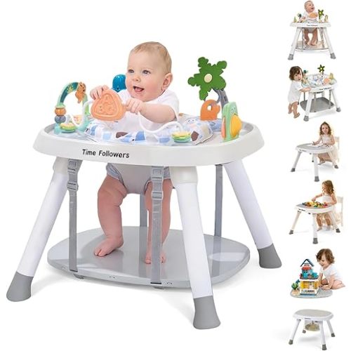 Time Followers® 6-in-1 Baby Activity Center | Jumpers and Bouncers | 4 Stage Grow Stationary Standing Toddler Play Table | Shower Gift | Infant Essential for Baby Ages 6-36Month (White)