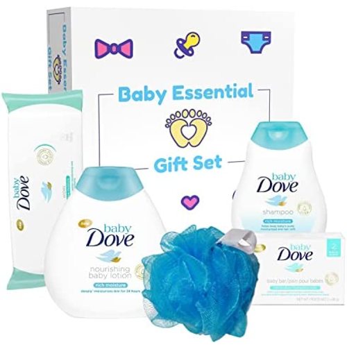 Baby Dove Baby Gift Set with Baby Lotion, Baby Shampoo , Baby Bar Soap and Baby Wipes With Baby Bath Poof, Daily Care Newborn Baby Essentials Set, 4 Piece Gift Set