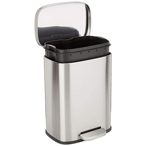 Amazon Basics Smudge Resistant Small Rectangular Trash Can With Soft-Close Foot Pedal for Bathroom/ Living room, Brushed Stainless Steel,12 l/3.1 gallon, Satin Nickel Finish,11.3"L x 9.9"W x 15.1"H