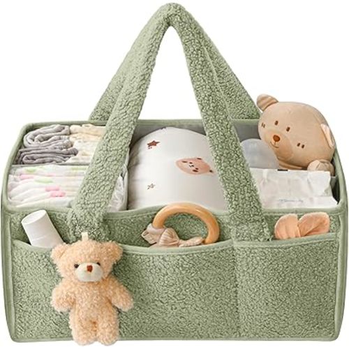 Diaper Caddy Organizer with Handle - Portable Baby Essentials Basket for Changing Table, Nursery & Travel | Diaper Storage Organizer for Newborns & Infants (Green)