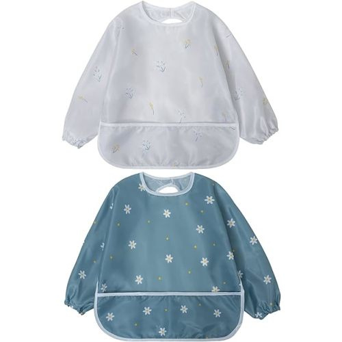Little Dimsum Mess-Proof Baby Bibs|Infant Toddler Long Sleeve Waterproof Feeding Art Smock|Catching Food & Wipe Clean| Pack of 2 Colors Flower Sets