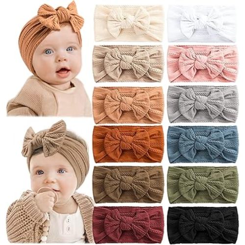 Prohouse 12 PCS Baby Headbands Handmade Super Stretchy Soft Nylon Hairbands Hair Bows Hair Accessories for Baby Girls Newborn Infant Toddlers Kids(Clay)