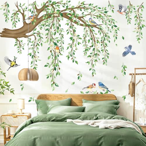 decalmile Spring Large Hanging Vine Wall Decals Green Leaf Tree Branch Flower Birds Wall Stickers Living Room Tv Background Bedroom Wall Decor