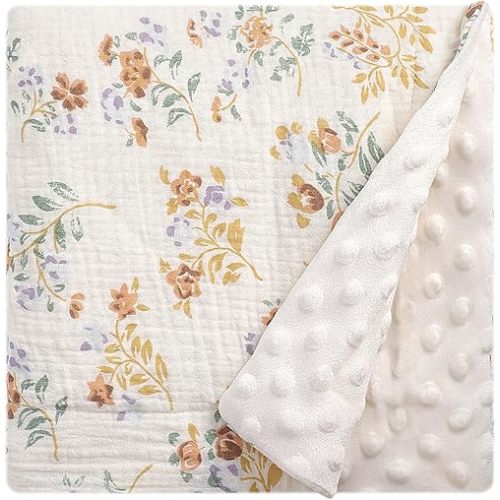 Fluffy-Backed Reversible Baby Swaddle Blankets 100% Muslin Cotton Front Nursery Plush Dotted Fleece Back Receiving Bed Quilt Blanket for Unisex Newborn Baby Toddler Boys Girls 30 x 41 Inches