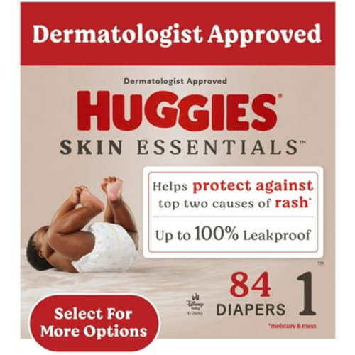 Huggies Skin Essentials Baby Diapers for Sensitive Skin, Size 1 (8-14 lbs), 84 Ct (Select for More)