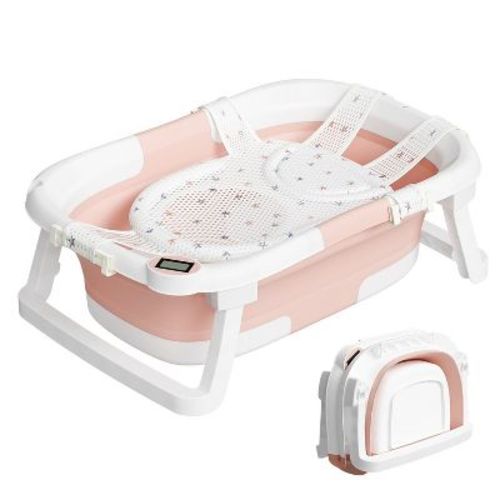 TUMAJUP Foldable Baby Bathtub PP+TPE with Soft Bath Net&Thermometer for 0-36 Months Toddler Pink