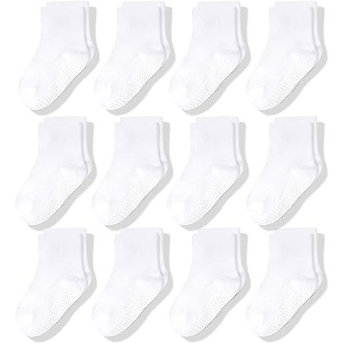 CozyWay Baby & Toddler Socks With Grippers Non Slip Crew Grip Socks for Girls and Boys Soft Comfy Cotton - 12 Pack