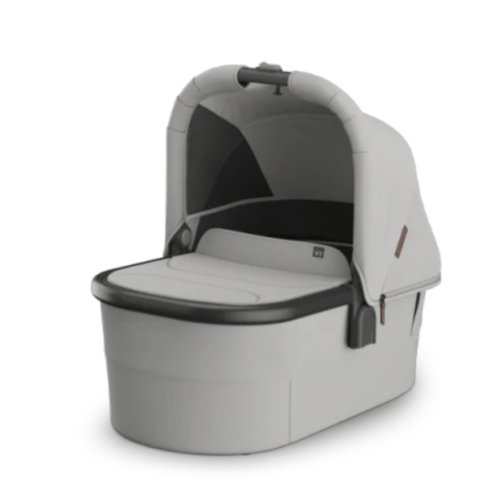 Uppababy v3 Bassinet - Color: Savannah-Pearl Gray Jacquard/Chestnut Leather