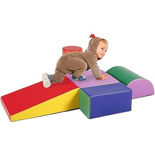 Kinder King Climb and Crawl Activity Play Set, 5-Piece Soft Foam Block for Climbing, Crawling and Sliding, Indoor Climber for Toddlers and Kids, Baby Infant Lightweight Climbing Toys, Red & Yellow