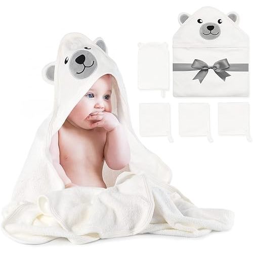 Momcozy Baby Bath Towel Set, Baby Towel with Hood and Baby Washcloth|Baby Bath Glove, Extremely Soft, Breathable, Suitable for Girls and Boys