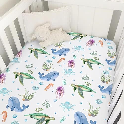 Cute Sea Animals Baby Crib Sheets 52''x28'' Ocean Turtle Whale Jellyfish Sea Horse Weeds Fitted Crib Mattress Cover for Boy Girl Marine Nursery Baby Bed Sheets for Standard Crib and Toddler Mattress
