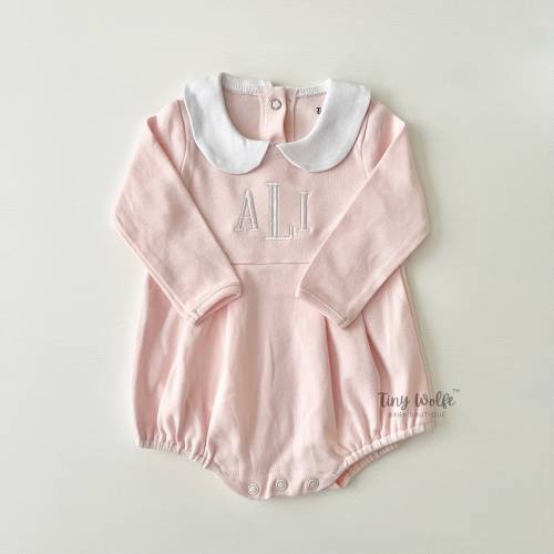 Pink Bubble Romper with Collar, Baby Girl Coming Home Outfit, Long Sleeves, Embroidered Monogram Initials, Personalized Gift for Newborn