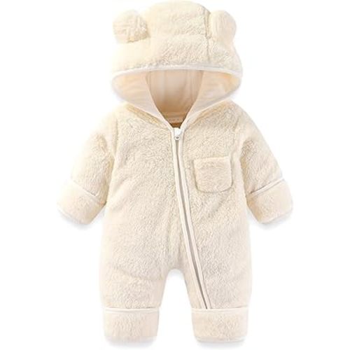 Newborn Baby Bear Onesie Outfit Suit Fold-Over Mittens Footies Girls Boys Winter Fleece Clothes Hooded Jumpsuit Romper