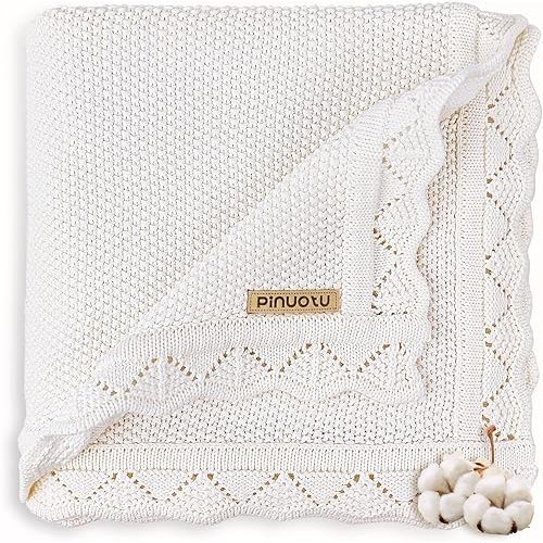 Knitted Baby Blanket for Boys & Girls, 100% Cotton Receiving Swaddle Crib & Stroller Blanket for Newborns, Infants, Toddlers, Milk White, 40 x 31 Inches