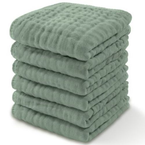 Baby Washcloths Muslin Cotton, Large 10”x10” by Comfy Cubs, Color: Fern, Size: pack of 6