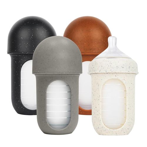 Boon Nursh Reusable Silicone Pouch Baby Bottles - Medium Flow Nipple - Silicone Baby Bottle Pouch and Nipple - Baby Feeding Essentials - Speckle - 3-6 Months - 4 Count - 8 Ounce
