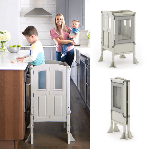 Martha Stewart Kitchen Helper by Guidecraft - Taupe: Adjustable Step Stool, Foldable Cooking Toddler Tower for Kids' with Non-Slip Mat