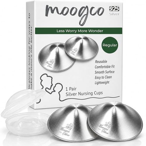 MOOGCO The Original Silver Nursing Cups - Nipple Shields for Breastfeeding Newborn - Breastfeeding Essentials - Solid 925 Sterling Silver Nipple Covers (Regular Size, Set of 2)