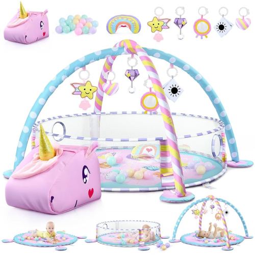 Baby Play Mat & Activity Mat - Baby Play Gym Tummy Time Mat with 6 Detachable Sensory Toys for Motor Skills Development, Newborn Baby Toys 0-6-12 Months Essentials Gift Playmats