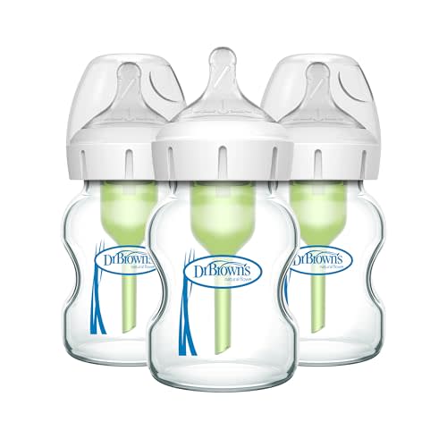 Dr. Brown's Natural Flow Anti-Colic Options+ Wide-Neck Glass Baby Bottles 5 oz/150 mL, with Level 1 Slow Flow Nipple, 3 Pack, 0m+