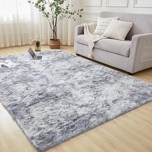 Andency 4x6 Shag Area Rug for Living Room, Tie-Dyed Light Grey Soft Fuzzy Plush Indoor Carpets for Bedroom, Non Skid Fluffy Faux Fur Rug for Room