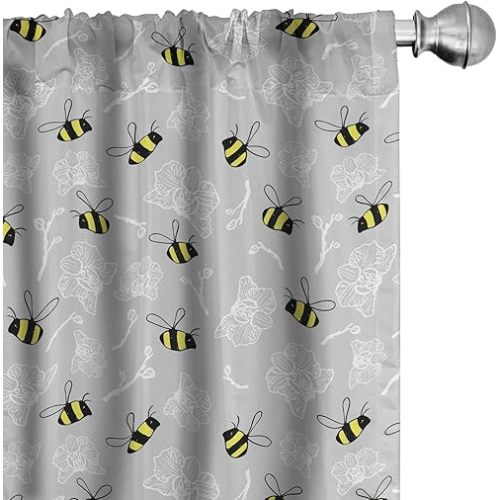 Ambesonne Entomology Window Curtains, Print of Bumblebee Buzzing Around Orchids, Lightweight Decor 2-Panel Set with Rod Pocket, Pair of - 28" x 63", Yellow Charcoal