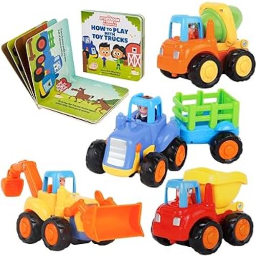 Construction Toy Truck Set for Toddlers Ages 1-4 - Push & Pull Friction Trucks, Matching Book - BPA Free Cars for Boys & Girls