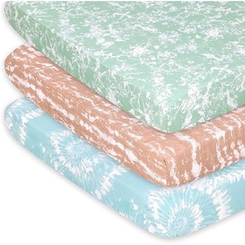 The Peanutshell Pack n Play Sheets, Fitted Mini Crib Sheets, Playard Sheets, Playpen, Portable Crib Bedding for Boy or Girl, Boho Tie Dye 3 Pack
